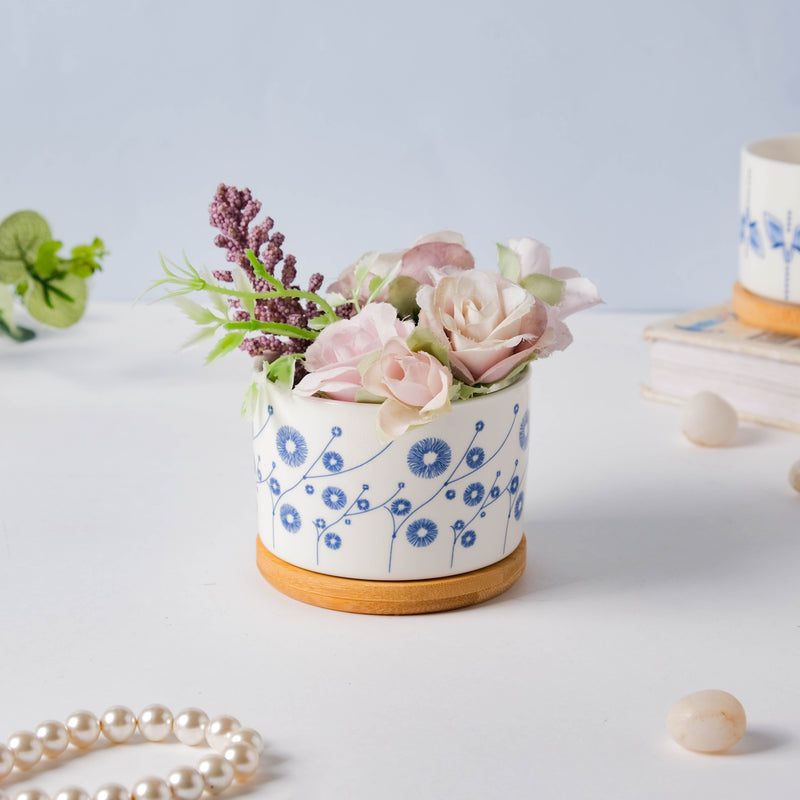 Blue Aster Japanese Planter With Wooden Coaster - Indoor planters and flower pots | Home decor items