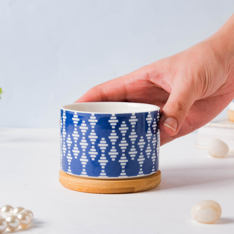 Blue Curtain Printed White Pattern Planter With Coaster - Indoor planters and flower pots | Home decor items