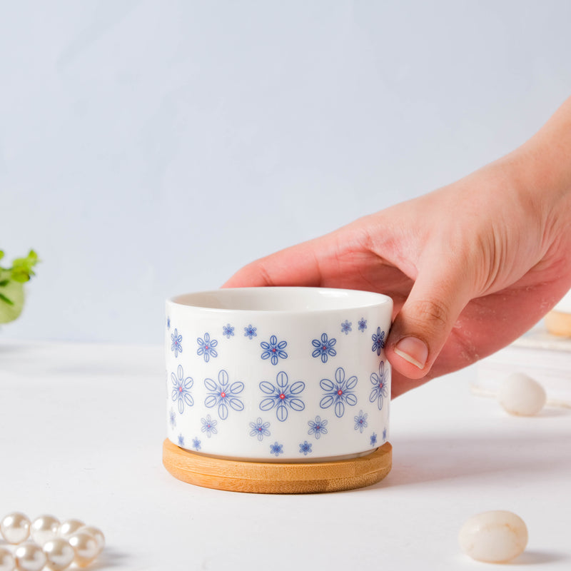 Blue Snowflake Japanese Planter And Wooden Coaster - Indoor planters and flower pots | Home decor items