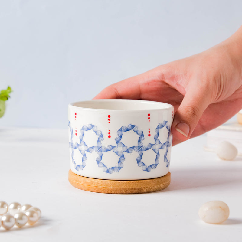 Blue Floral Japanese Planter And Wooden Coaster - Indoor planters and flower pots | Home decor items