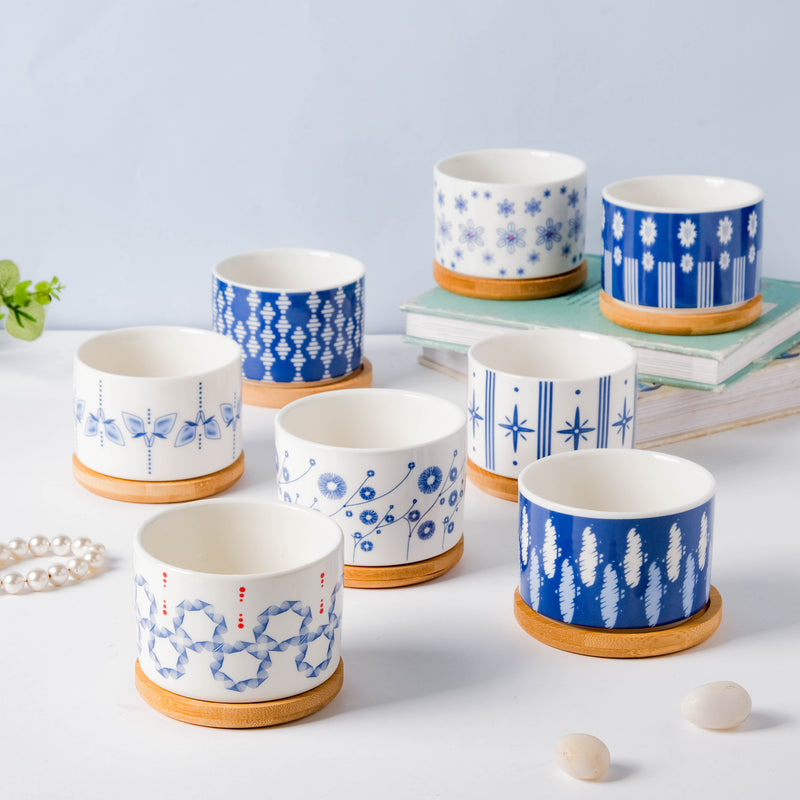 Blue Snowflake Japanese Planter And Wooden Coaster - Indoor planters and flower pots | Home decor items