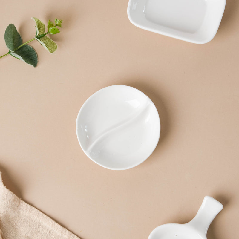 Serena Lily White Ceramic 2 Section Dip Bowl - Bowls, section bowls, fancy serving bowls, small serving bowls | Bowls for dining table & home decorsmall plates