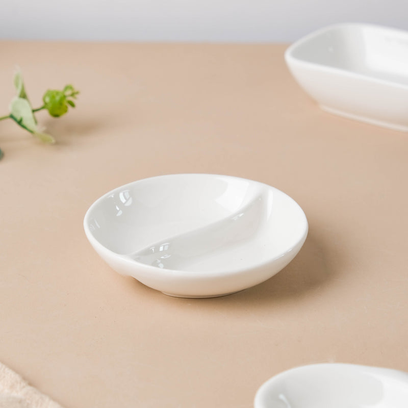 Serena Lily White Ceramic 2 Section Dip Bowl - Bowls, section bowls, fancy serving bowls, small serving bowls | Bowls for dining table & home decorsmall plates