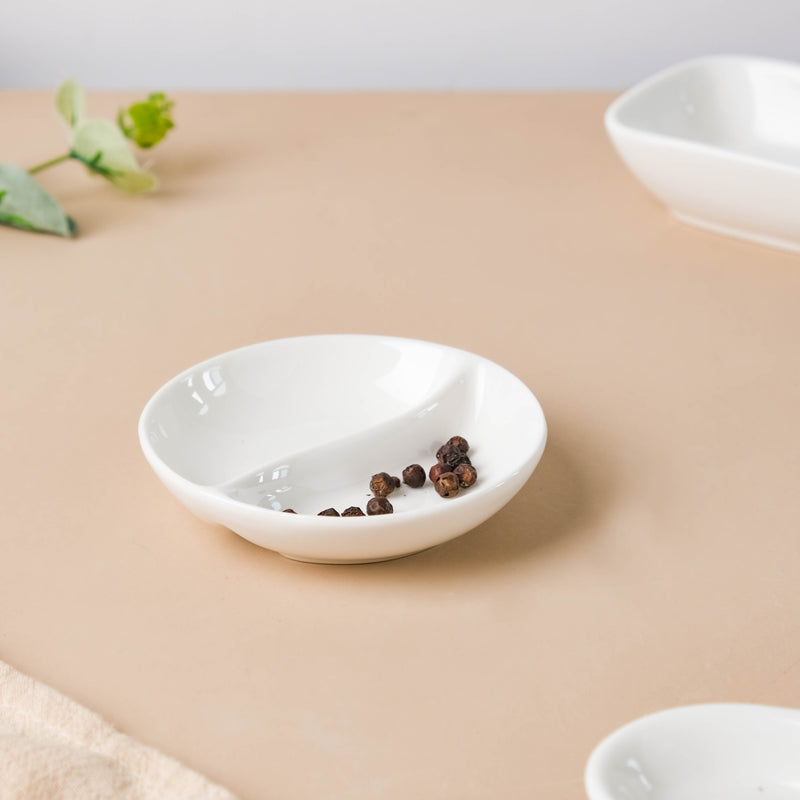 Serena Lily White Ceramic 2 Section Dip Bowl - Bowls, section bowls, fancy serving bowls, small serving bowls | Bowls for dining table & home decorsmall plates