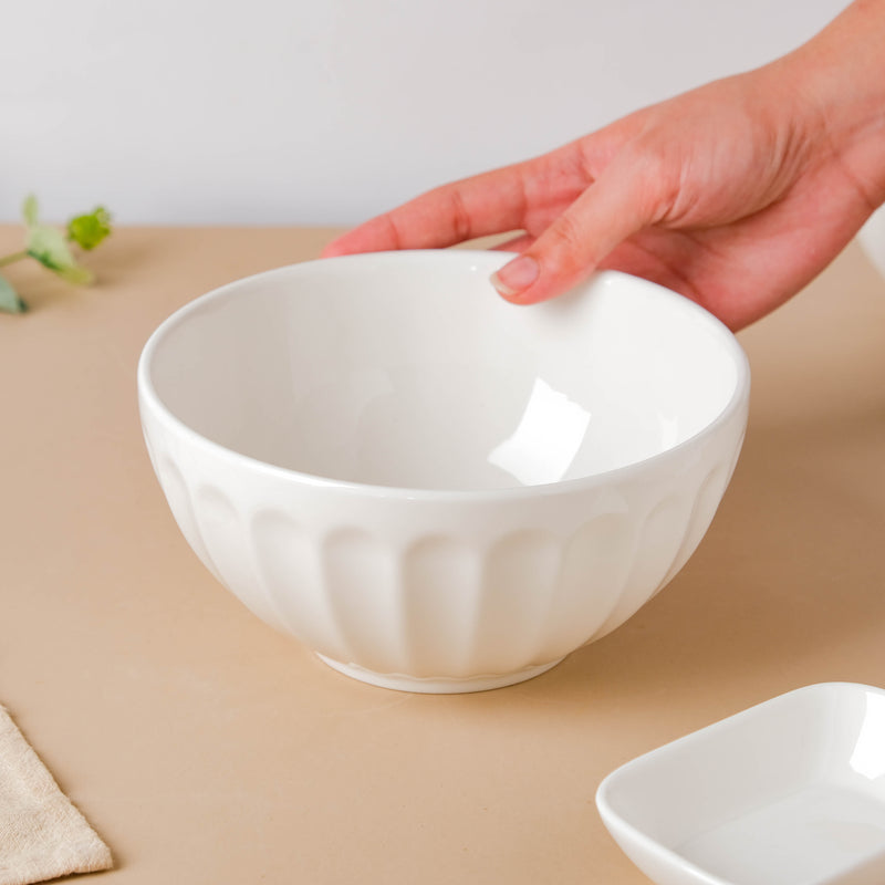 Serena Pearly White Ribbed Serving Bowl 6.5 Inch 900 ml - Bowl, ceramic bowl, serving bowls, noodle bowl, salad bowls, bowl for snacks, large serving bowl | Bowls for dining table & home decor