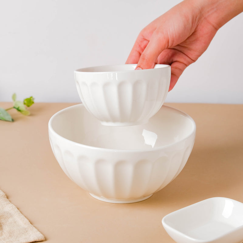 Serena Pearly White Ribbed Serving Bowl 6.5 Inch 900 ml - Bowl, ceramic bowl, serving bowls, noodle bowl, salad bowls, bowl for snacks, large serving bowl | Bowls for dining table & home decor
