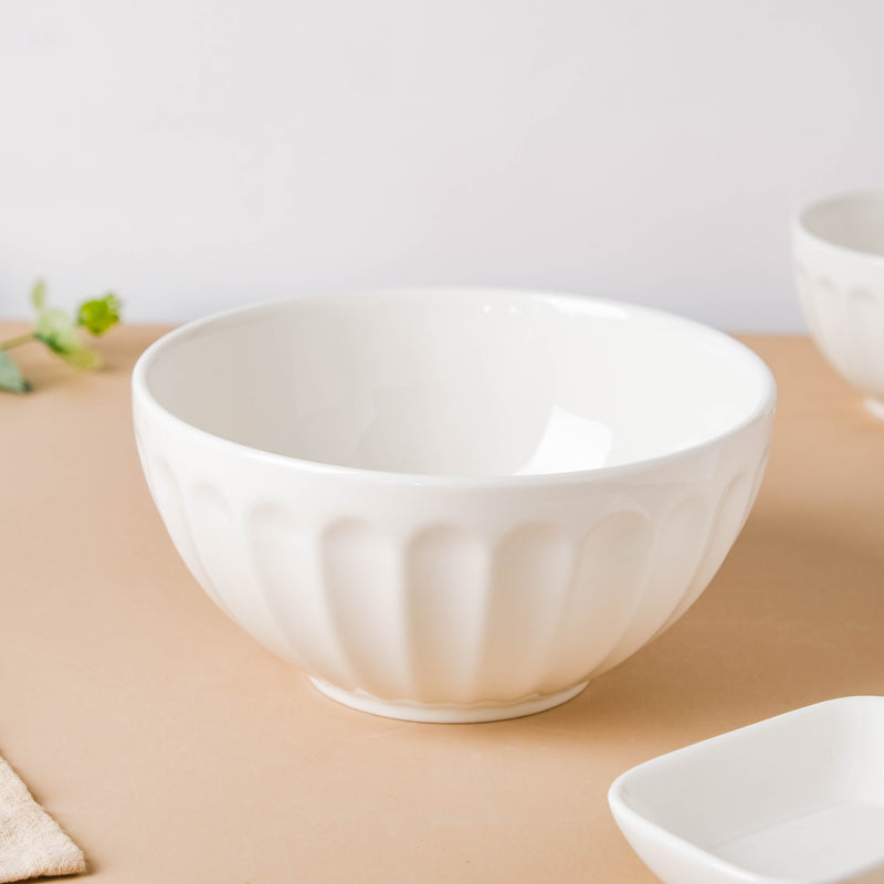 Serena Pearly White Ribbed Serving Bowl 6.5 Inch 900 ml - Bowl, ceramic bowl, serving bowls, noodle bowl, salad bowls, bowl for snacks, large serving bowl | Bowls for dining table & home decor