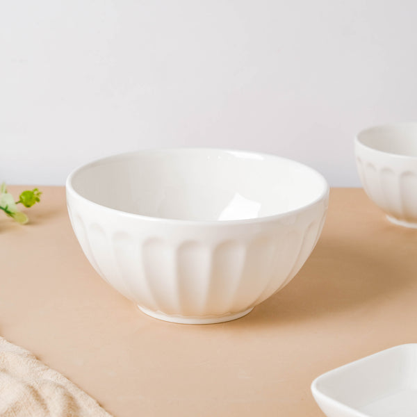 Serena Pearly White Ribbed Serving Bowl 6.5 Inch 900 ml - Bowl, ceramic bowl, serving bowls, noodle bowl, salad bowls, bowl for snacks, large serving bowl | Bowls for dining table & home decor