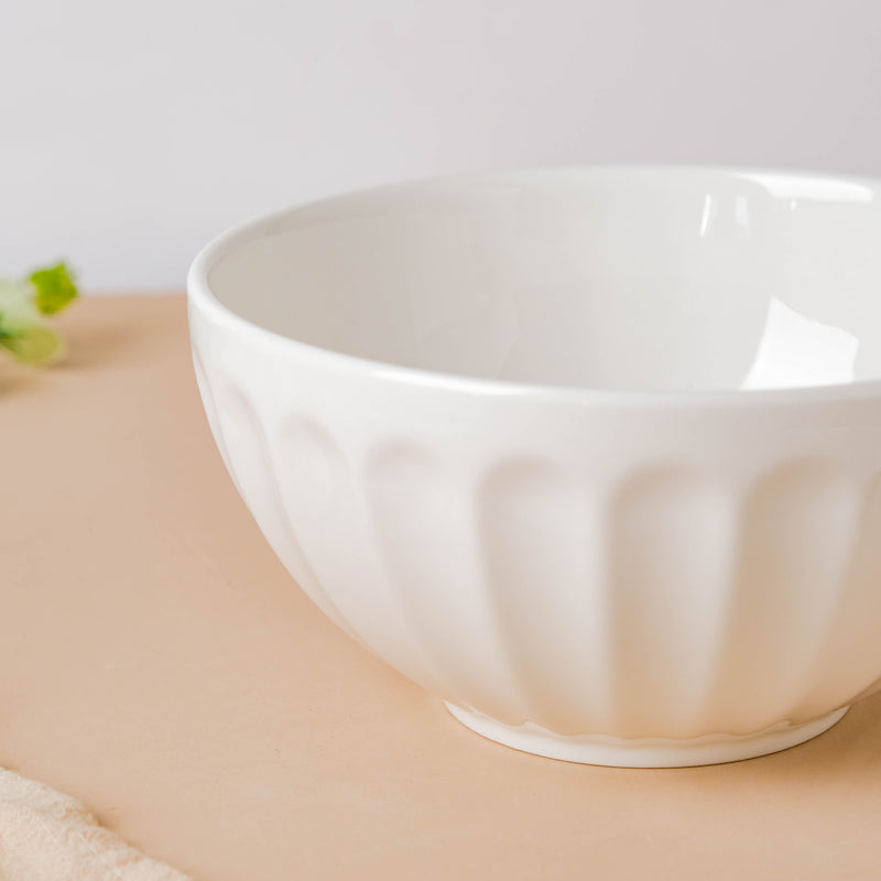 Serena Pearly White Ribbed Serving Bowl 6.5 Inch 900 ml - Bowl, ceramic bowl, serving bowls, noodle bowl, salad bowls, bowl for snacks, large serving bowl | Bowls for dining table & home decor