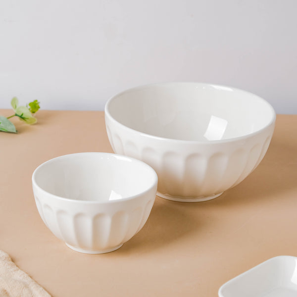 Serena Pearly White Ribbed Serving Bowl 6.5 Inch 900 ml - Bowl, ceramic bowl, serving bowls, noodle bowl, salad bowls, bowl for snacks, large serving bowl | Bowls for dining table & home decor
