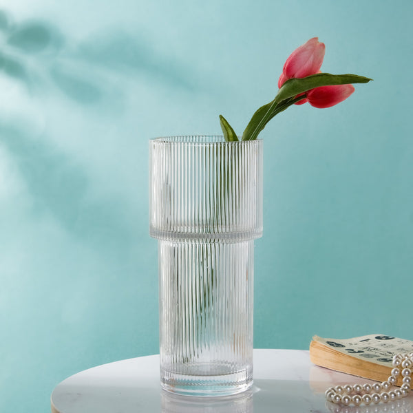 Contemporary Ribbed Textured Glass Flower Vase - Glass flower vase for home decor, office and gifting | Home decoration items