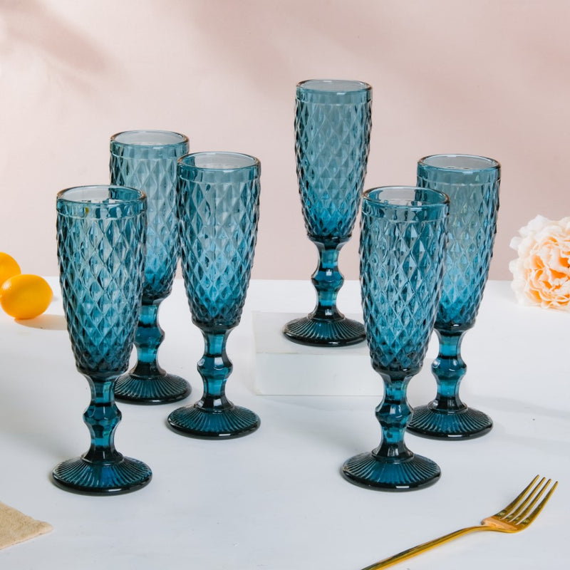 Textured Glassware Blue Set Of 6 150 ml