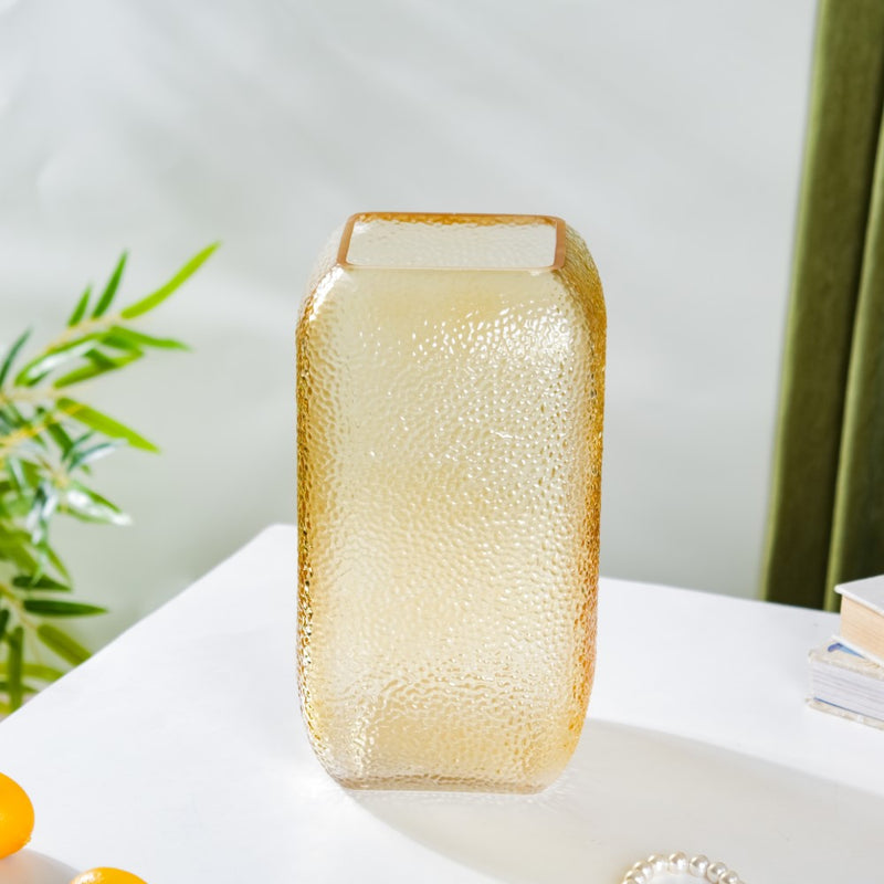 Art Deco Pebble Patterned Glass Vase Amber 9.5 Inch - Glass flower vase for home decor, office and gifting | Home decoration items