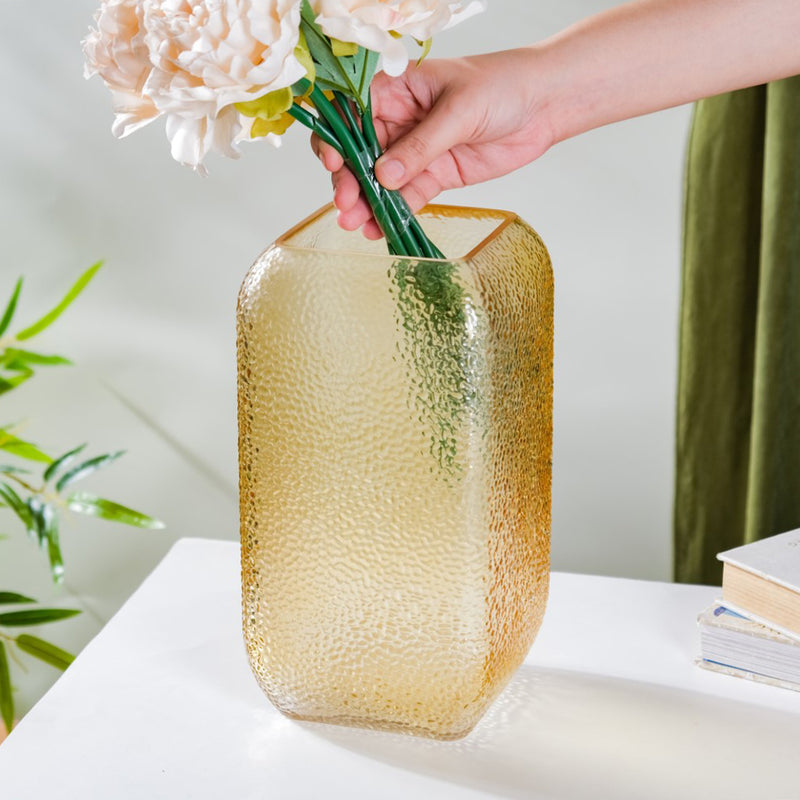 Art Deco Pebble Patterned Glass Vase Amber 9.5 Inch - Glass flower vase for home decor, office and gifting | Home decoration items