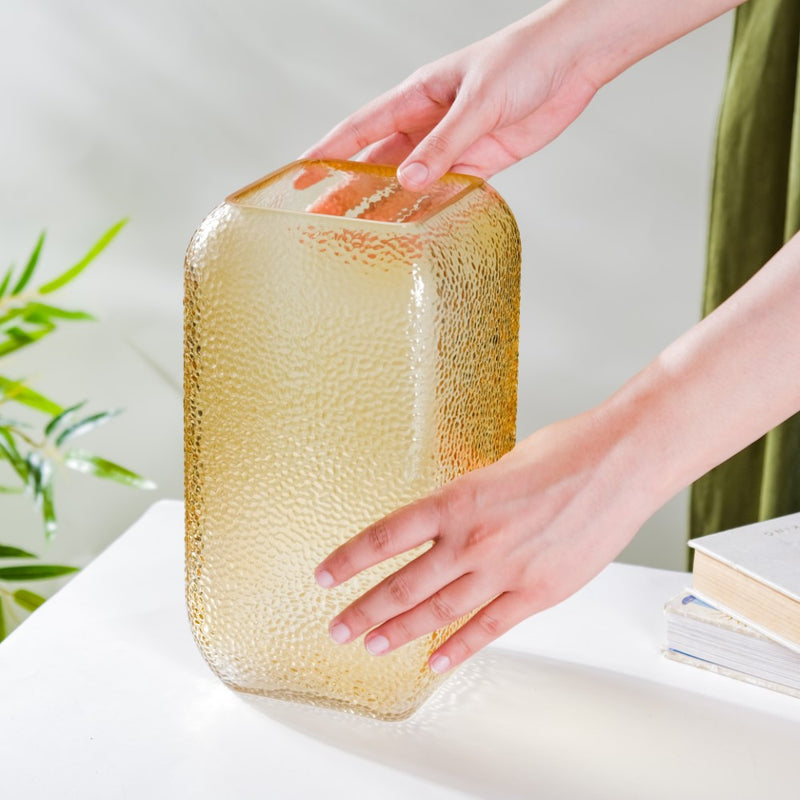 Art Deco Pebble Patterned Glass Vase Amber 9.5 Inch - Glass flower vase for home decor, office and gifting | Home decoration items