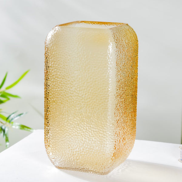 Art Deco Pebble Patterned Glass Vase Amber 9.5 Inch - Glass flower vase for home decor, office and gifting | Home decoration items