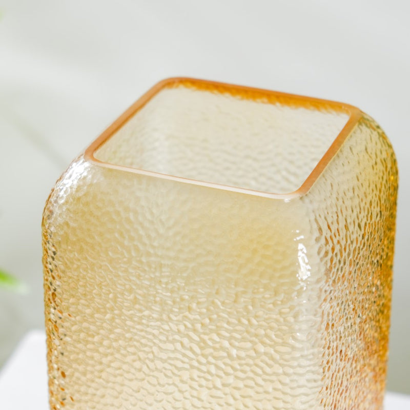 Art Deco Pebble Patterned Glass Vase Amber 9.5 Inch - Glass flower vase for home decor, office and gifting | Home decoration items