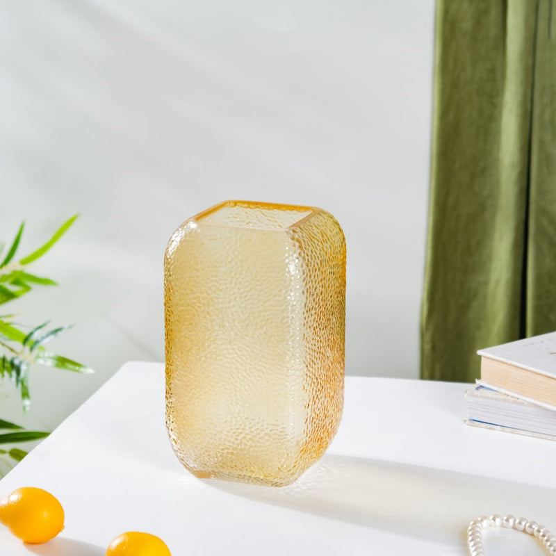 Art Deco Pebble Patterned Glass Vase Amber 7.5 Inch - Glass flower vase for home decor, office and gifting | Home decoration items