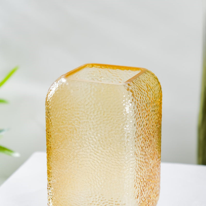 Art Deco Pebble Patterned Glass Vase Amber 7.5 Inch - Glass flower vase for home decor, office and gifting | Home decoration items