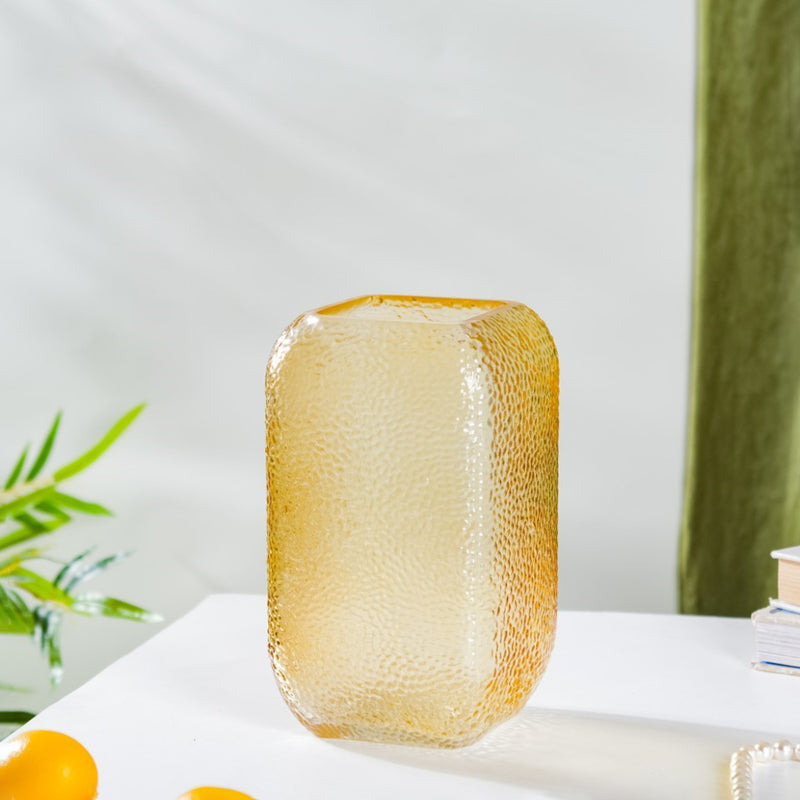 Art Deco Pebble Patterned Glass Vase Amber 7.5 Inch - Glass flower vase for home decor, office and gifting | Home decoration items