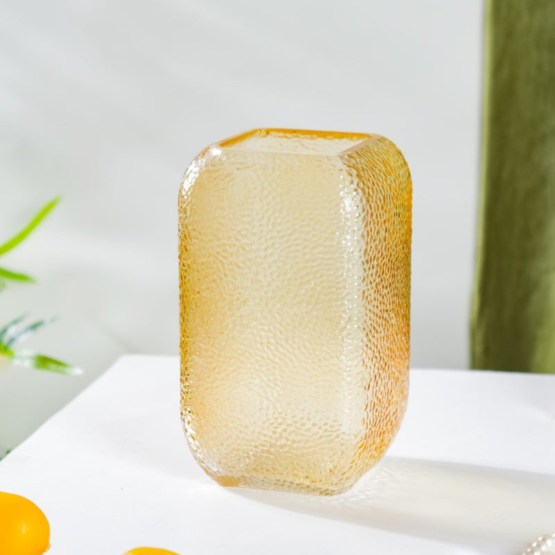 Art Deco Pebble Patterned Glass Vase Amber 7.5 Inch - Glass flower vase for home decor, office and gifting | Home decoration items