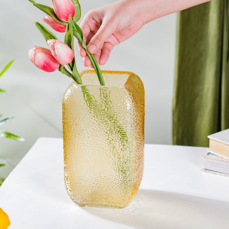 Art Deco Pebble Patterned Glass Vase Amber 7.5 Inch - Glass flower vase for home decor, office and gifting | Home decoration items