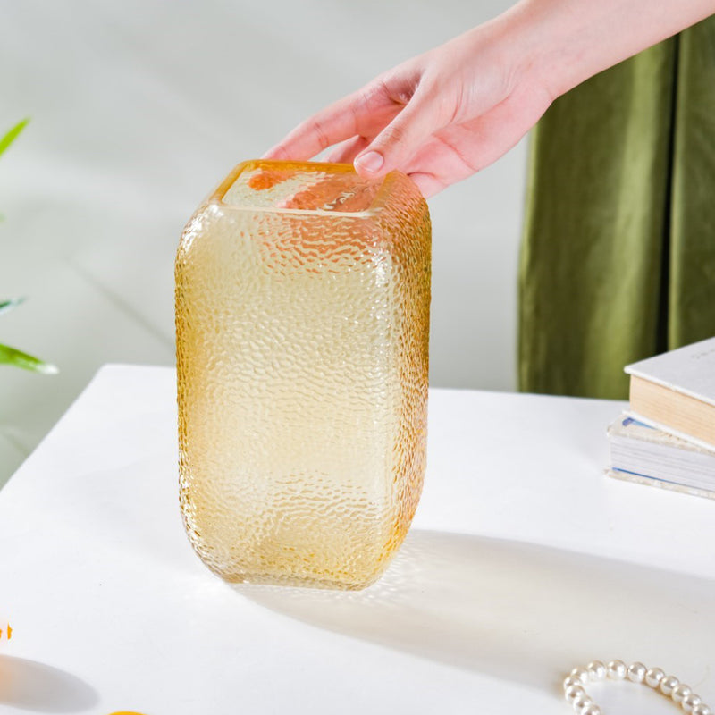 Art Deco Pebble Patterned Glass Vase Amber 7.5 Inch - Glass flower vase for home decor, office and gifting | Home decoration items