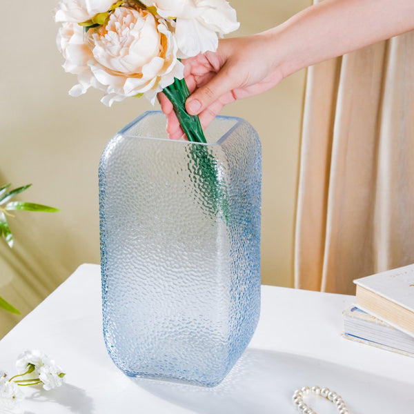 Art Deco Pebble Texture Glass Vase Blue 9.5 Inch - Glass flower vase for home decor, office and gifting | Home decoration items