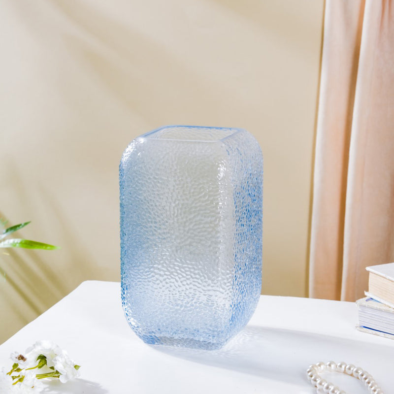 Art Deco Pebble Texture Glass Vase Blue 7.5 Inch - Glass flower vase for home decor, office and gifting | Home decoration items