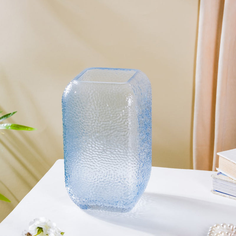 Art Deco Pebble Texture Glass Vase Blue 7.5 Inch - Glass flower vase for home decor, office and gifting | Home decoration items
