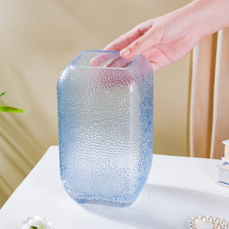Art Deco Pebble Texture Glass Vase Blue 7.5 Inch - Glass flower vase for home decor, office and gifting | Home decoration items