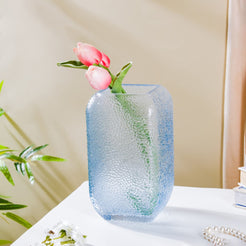 Art Deco Pebble Texture Glass Vase Blue 7.5 Inch - Glass flower vase for home decor, office and gifting | Home decoration items