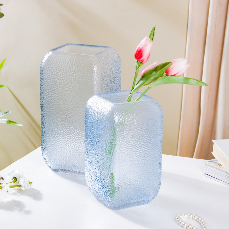 Art Deco Pebble Texture Glass Vase Blue 7.5 Inch - Glass flower vase for home decor, office and gifting | Home decoration items