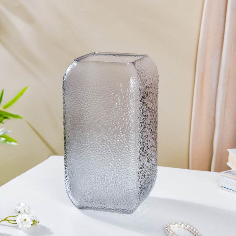 Art Deco Pebble Patterned Glass Vase Grey 9.5 Inch - Glass flower vase for home decor, office and gifting | Home decoration items