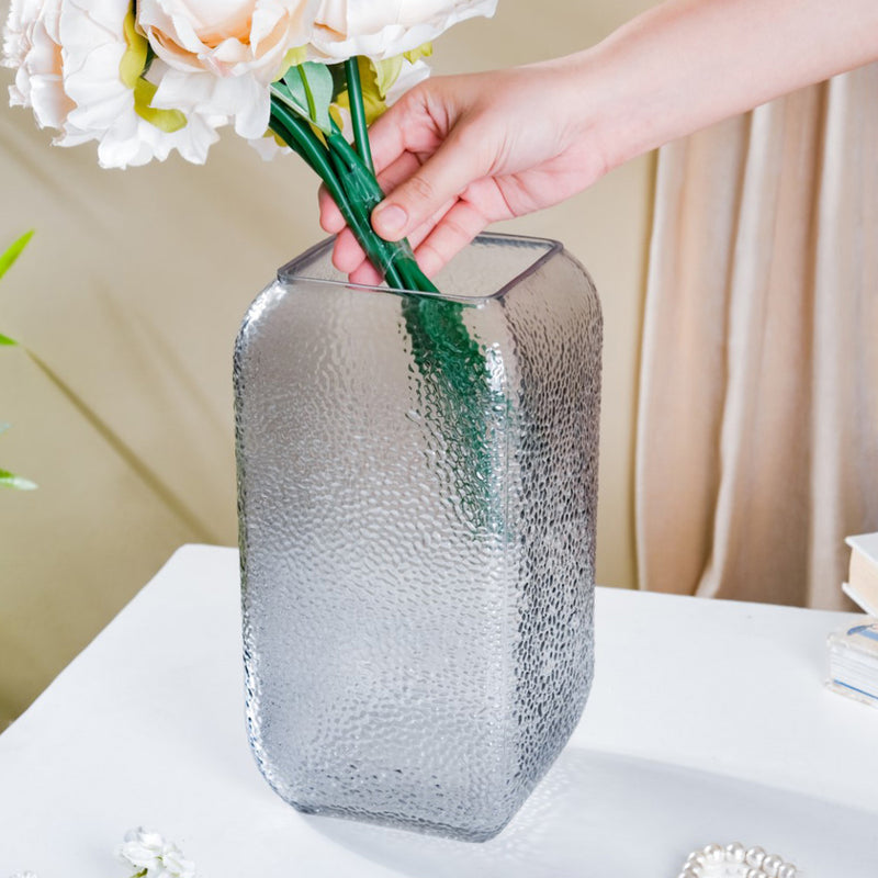 Art Deco Pebble Patterned Glass Vase Grey 9.5 Inch - Glass flower vase for home decor, office and gifting | Home decoration items