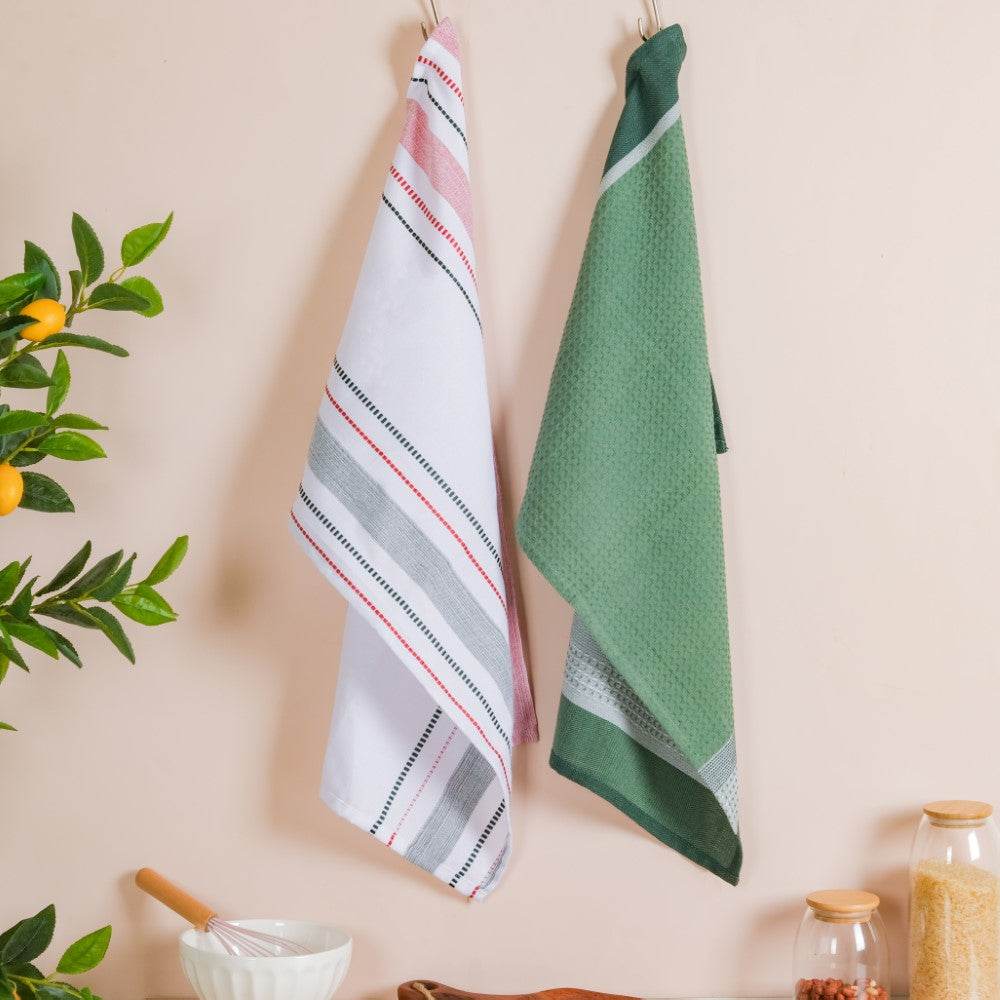 Green White Stripes Cotton Hand Towel Set Of 2