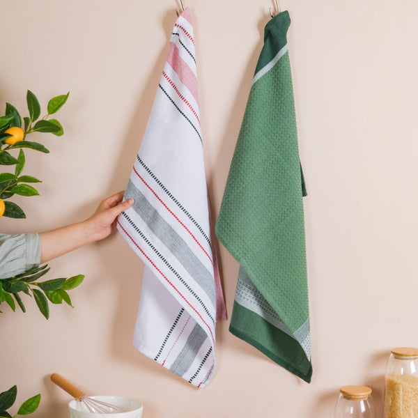 Grey, White, Green Striped Tea Towel Set, Set of 2 Tea towels