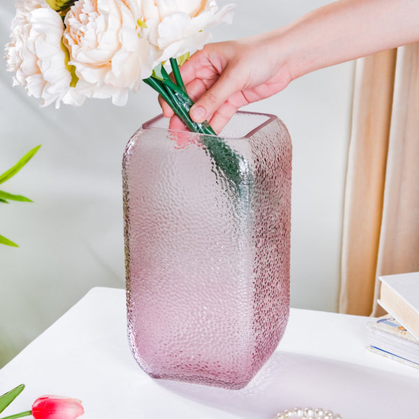 Art Deco Pebble Patterned Glass Vase Purple 9.5 Inch