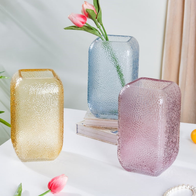 Art Deco Pebble Patterned Glass Vase Amber 7.5 Inch - Glass flower vase for home decor, office and gifting | Home decoration items