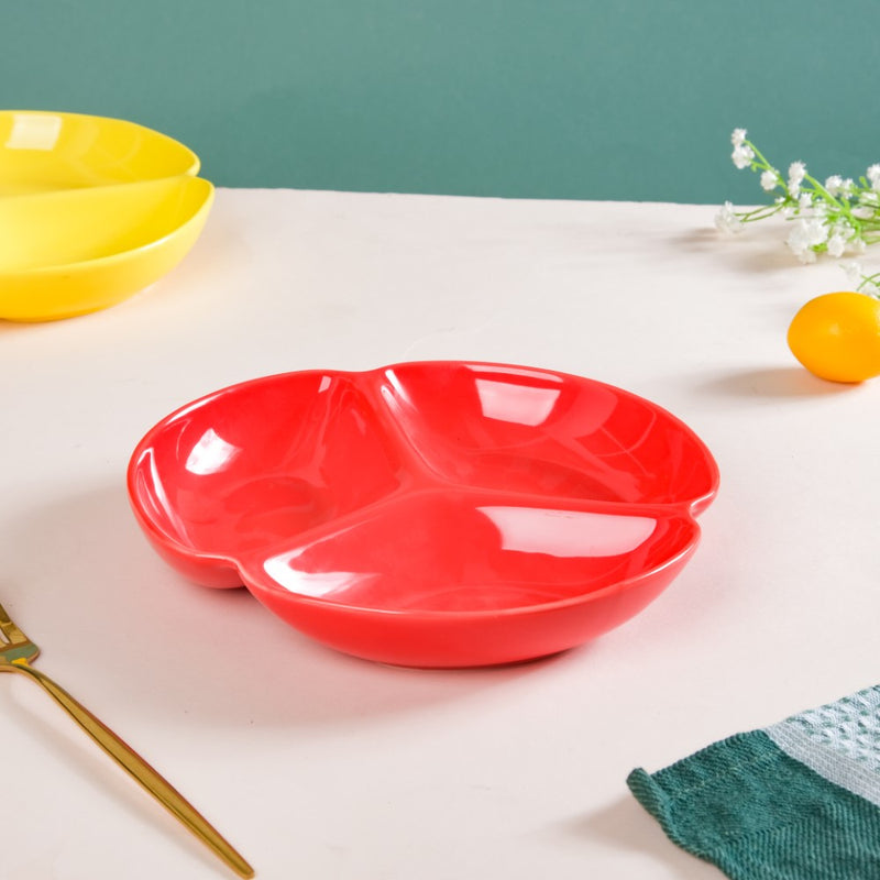 Round Section Plate Red 7.5 Inch - Serving plate, snack plate, momo plate, plate with compartment | Plates for dining table & home decor