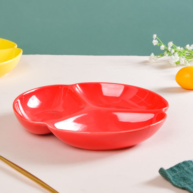 Round Section Plate Red 7.5 Inch - Serving plate, snack plate, momo plate, plate with compartment | Plates for dining table & home decor