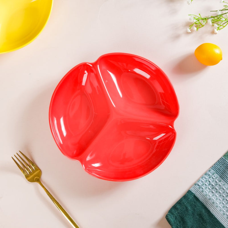 Round Section Plate Red 7.5 Inch - Serving plate, snack plate, momo plate, plate with compartment | Plates for dining table & home decor