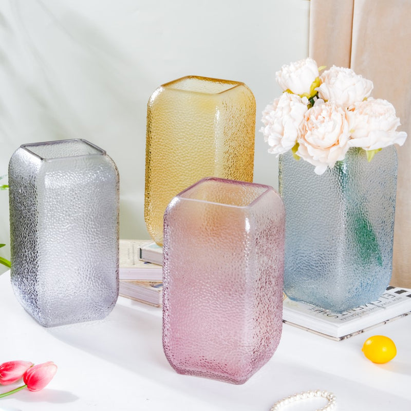 Art Deco Pebble Patterned Glass Vase Amber 9.5 Inch - Glass flower vase for home decor, office and gifting | Home decoration items