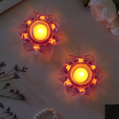 Lotus Glass Tea Light Holder Purple Set of 2 - Candle stand | Home decor ideas