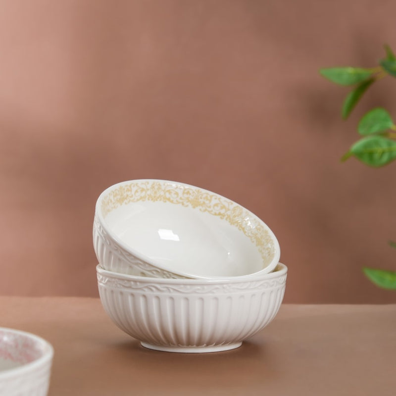 Engraved Rim Ceramic Snack Bowl Yellow Set Of 2 - Bowl,ceramic bowl, snack bowls, curry bowl, popcorn bowls | Bowls for dining table & home decor