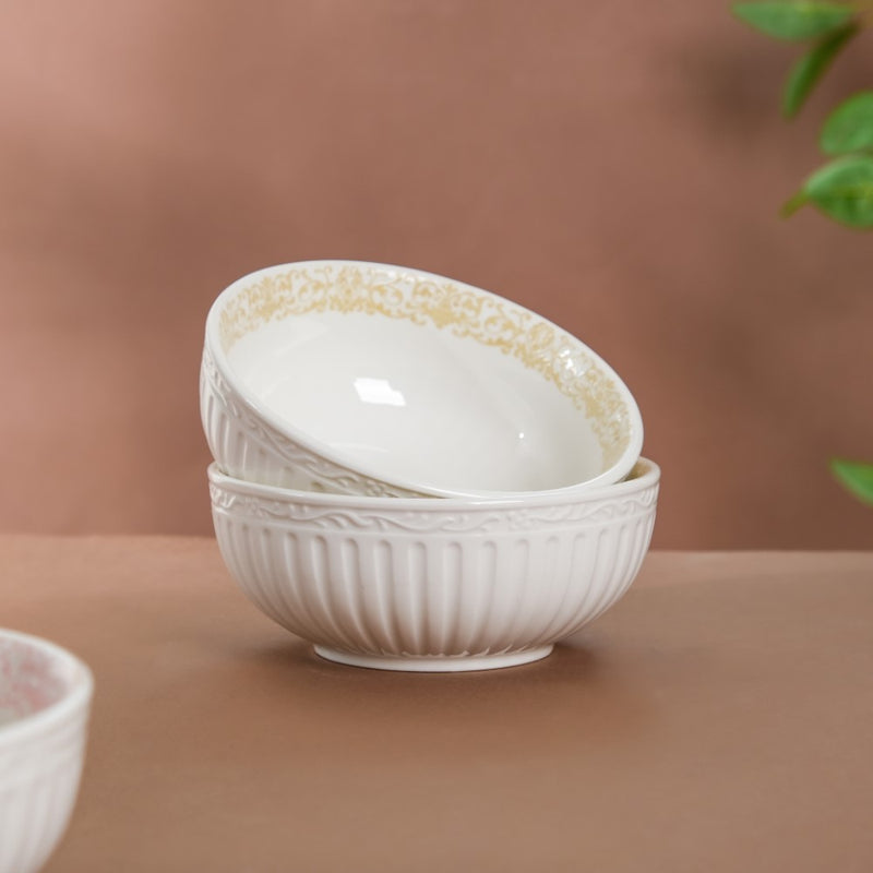Engraved Rim Ceramic Snack Bowl Yellow Set Of 2 - Bowl,ceramic bowl, snack bowls, curry bowl, popcorn bowls | Bowls for dining table & home decor