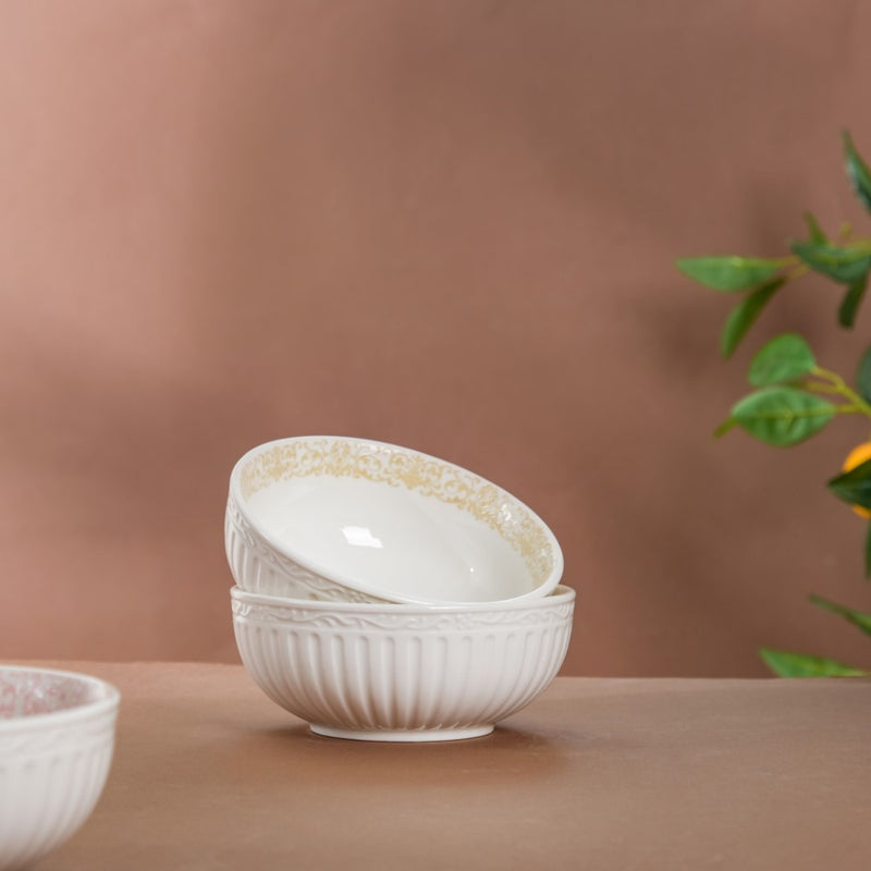 Engraved Rim Ceramic Snack Bowl Yellow Set Of 2 - Bowl,ceramic bowl, snack bowls, curry bowl, popcorn bowls | Bowls for dining table & home decor