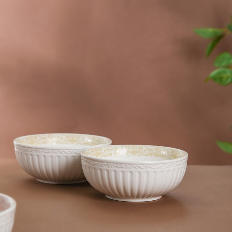 Engraved Rim Ceramic Snack Bowl Yellow Set Of 2 - Bowl,ceramic bowl, snack bowls, curry bowl, popcorn bowls | Bowls for dining table & home decor