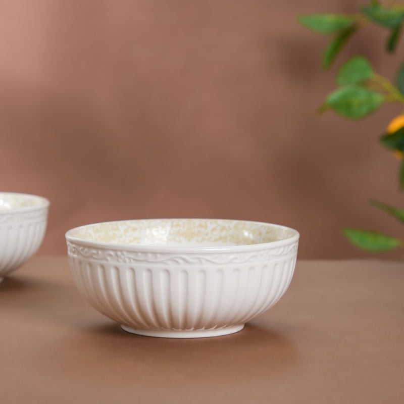 Engraved Rim Ceramic Snack Bowl Yellow Set Of 2 - Bowl,ceramic bowl, snack bowls, curry bowl, popcorn bowls | Bowls for dining table & home decor