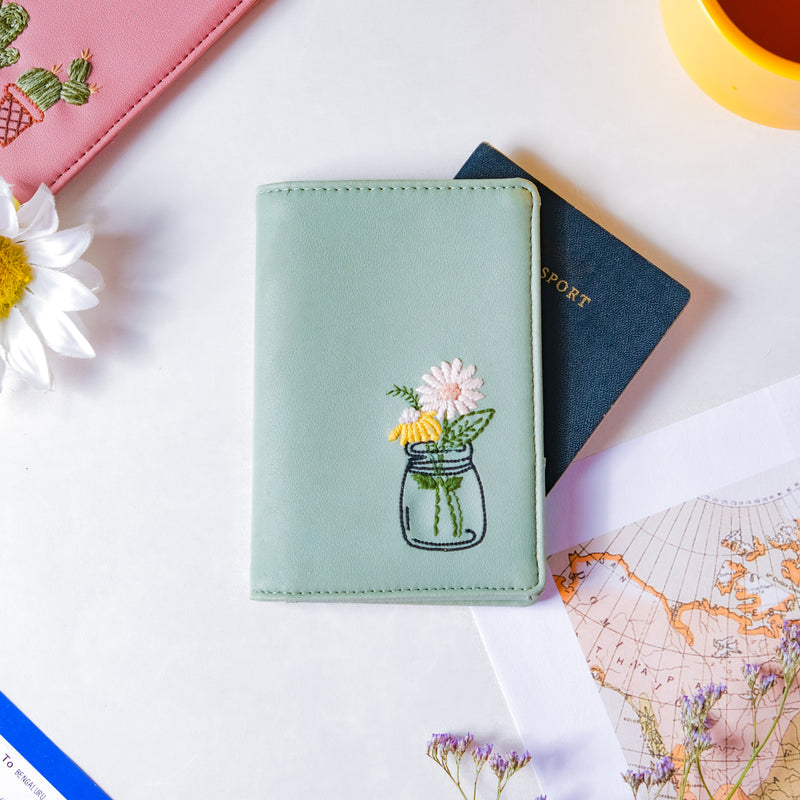 Flower Jar Two Fold Passport Cover Green